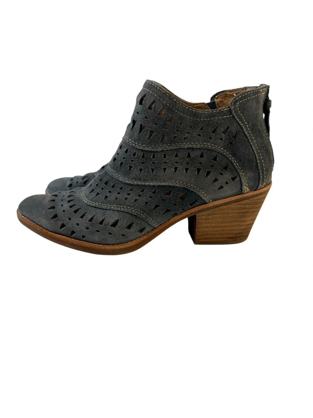 Söfft 9M Slate Blue Leather Laser Cut Western Ankle Booties